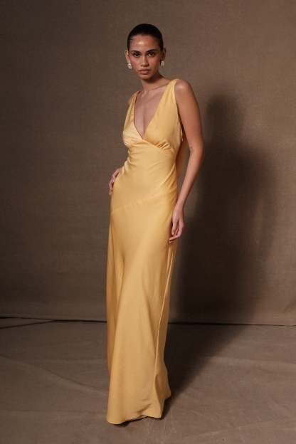 Nadia Maxi Satin Dress With Back Cowl - Lemon-My Chic Way.All Rights Reserved