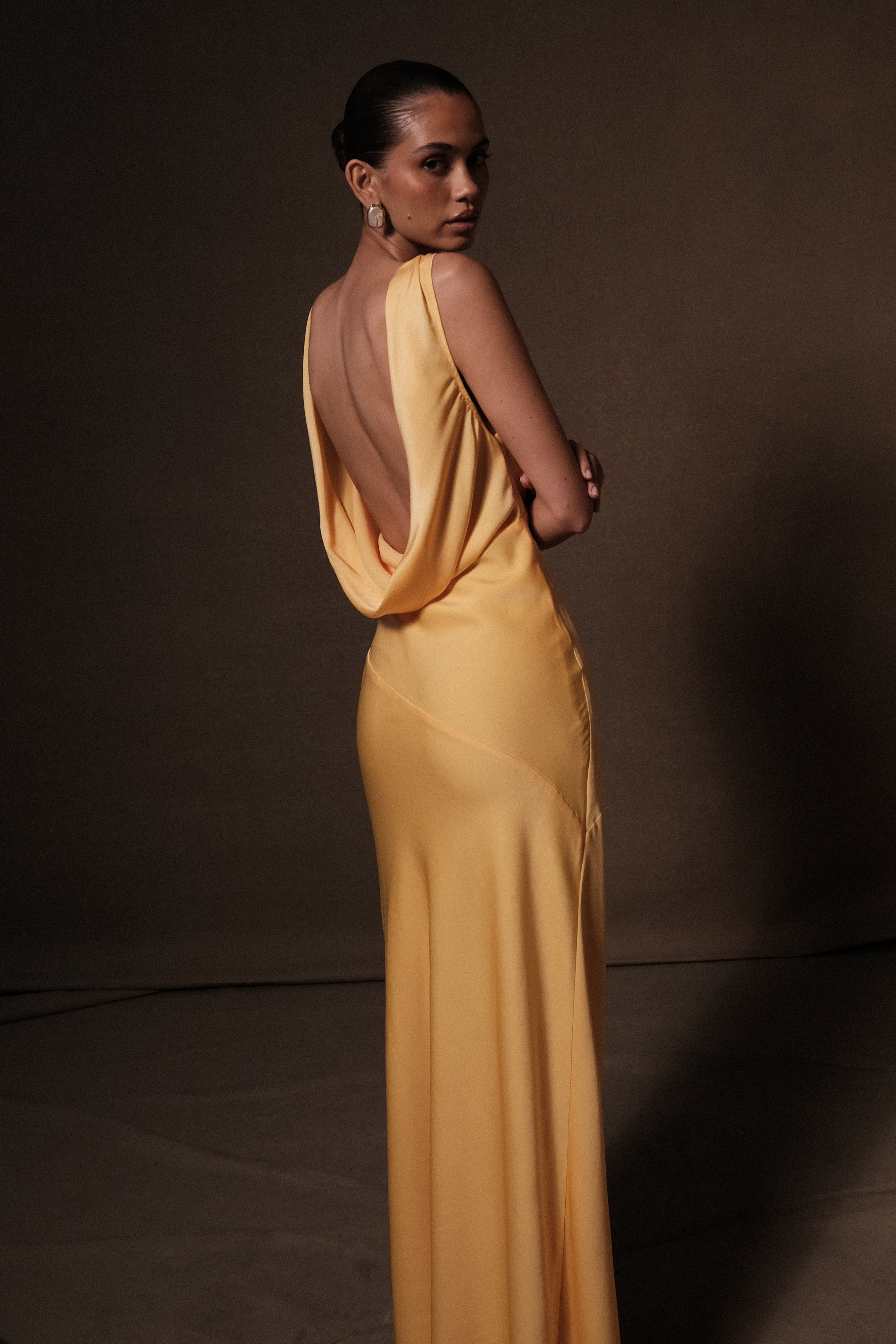 Nadia Maxi Satin Dress With Back Cowl - Lemon-My Chic Way.All Rights Reserved