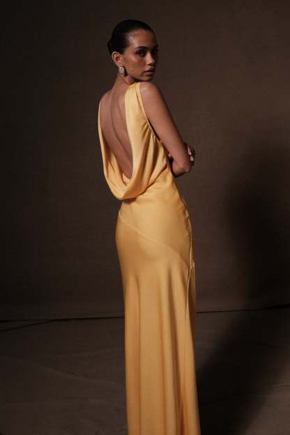 Nadia Maxi Satin Dress With Back Cowl - Lemon-My Chic Way.All Rights Reserved