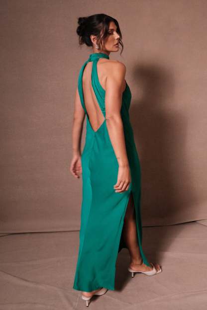 Claire Satin Drape Back Maxi Dress with Split - Green-My Chic Way.All Rights Reserved
