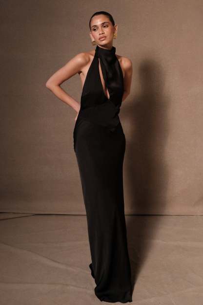 Belladonna Satin Halter Maxi Dress - Black-My Chic Way.All Rights Reserved
