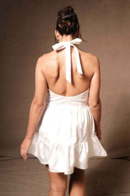 Holly Satin Structured Halter Mini Dress - White-My Chic Way.All Rights Reserved