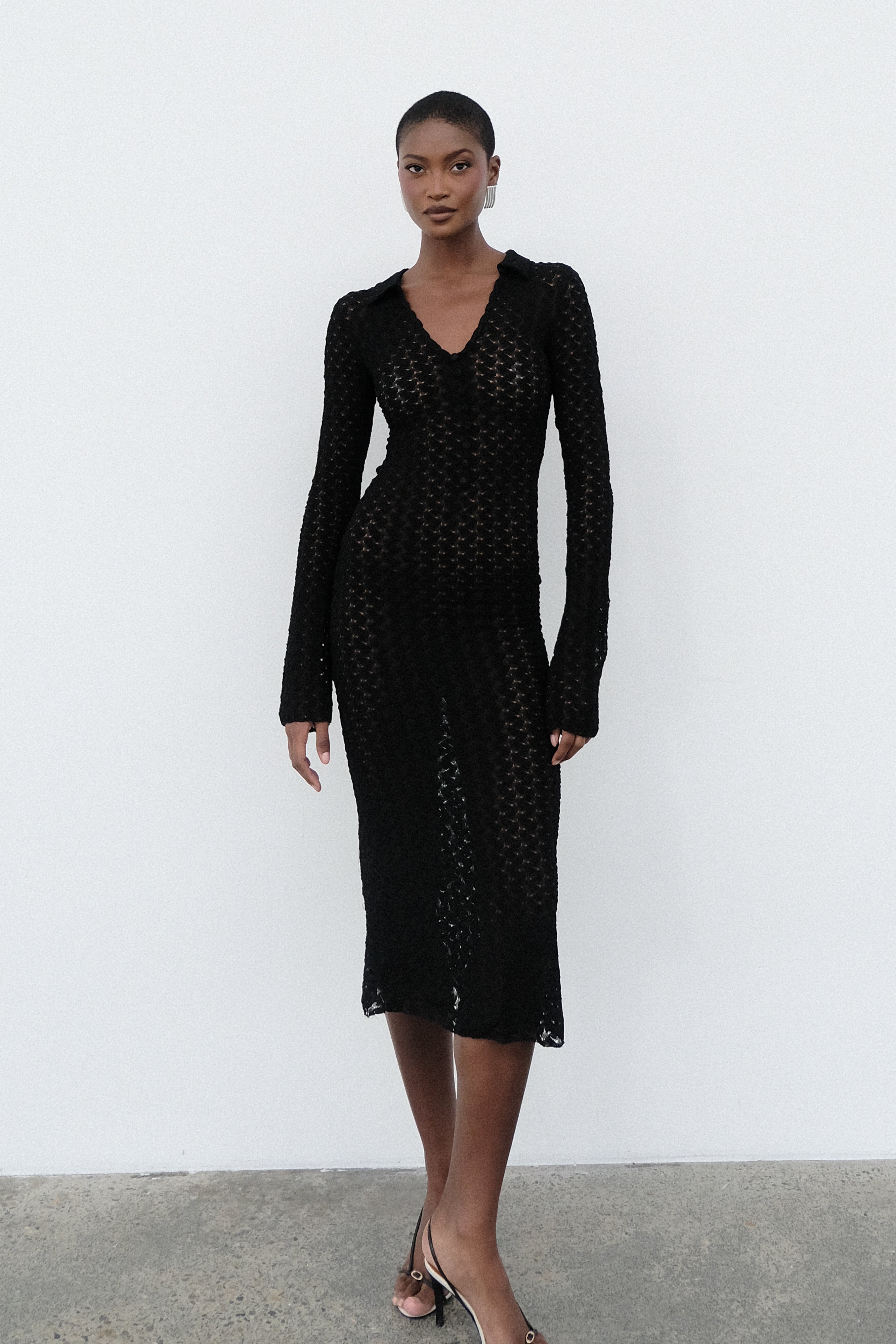 Dionne Lace Long Sleeve Midi Dress - Black-My Chic Way.All Rights Reserved