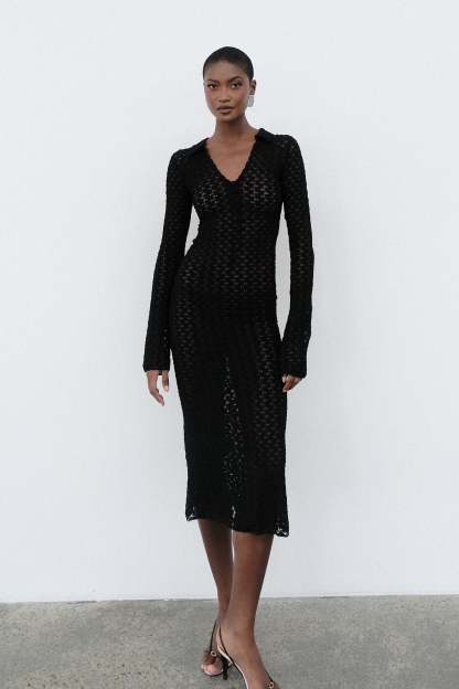 Dionne Lace Long Sleeve Midi Dress - Black-My Chic Way.All Rights Reserved