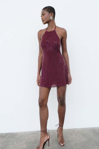 Dorothy Square Diamante Halter Mini Dress - Burgundy-My Chic Way.All Rights Reserved