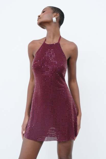 Dorothy Square Diamante Halter Mini Dress - Burgundy-My Chic Way.All Rights Reserved