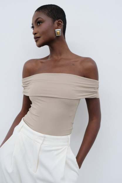 Meena Recycled Nylon Off Shoulder Top - Taupe-My Chic Way.All Rights Reserved