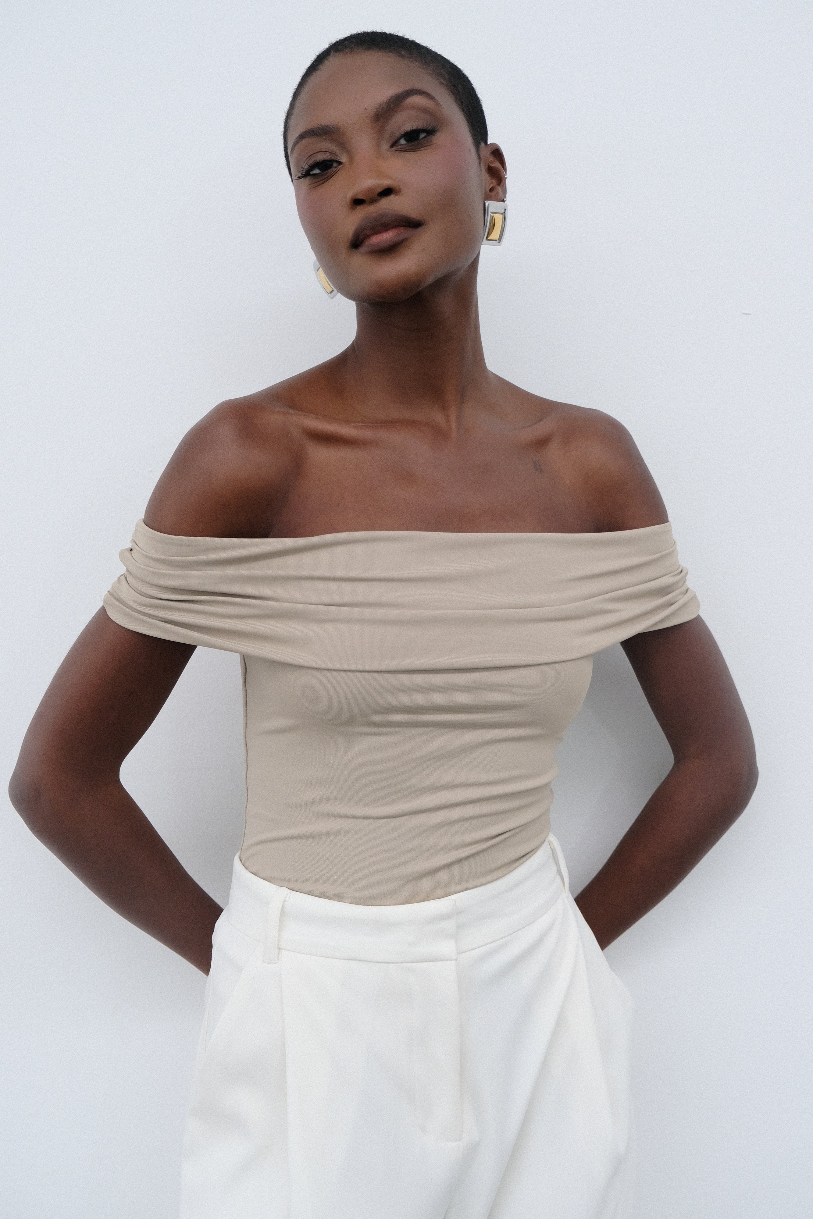 Meena Recycled Nylon Off Shoulder Top - Taupe-My Chic Way.All Rights Reserved