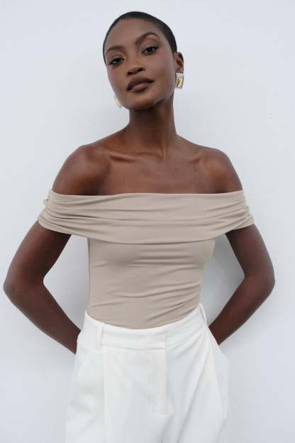Meena Recycled Nylon Off Shoulder Top - Taupe-My Chic Way.All Rights Reserved