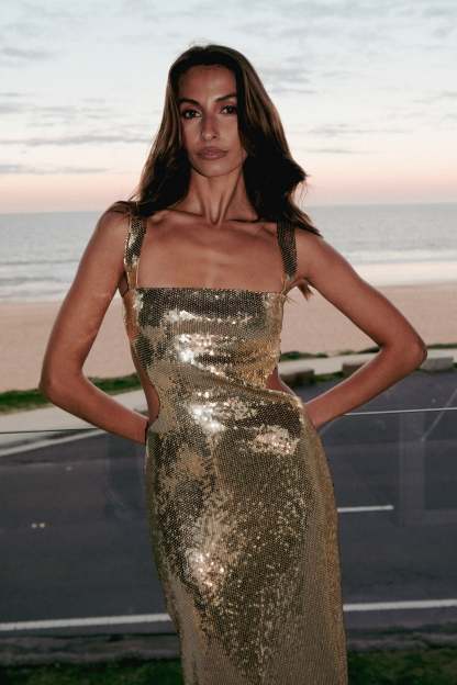 Adoria Sequin Cut Out Maxi Dress - Gold-My Chic Way.All Rights Reserved