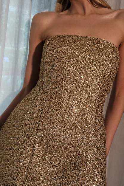 Gala Strapless Tweed Mini Dress - Gold-My Chic Way.All Rights Reserved