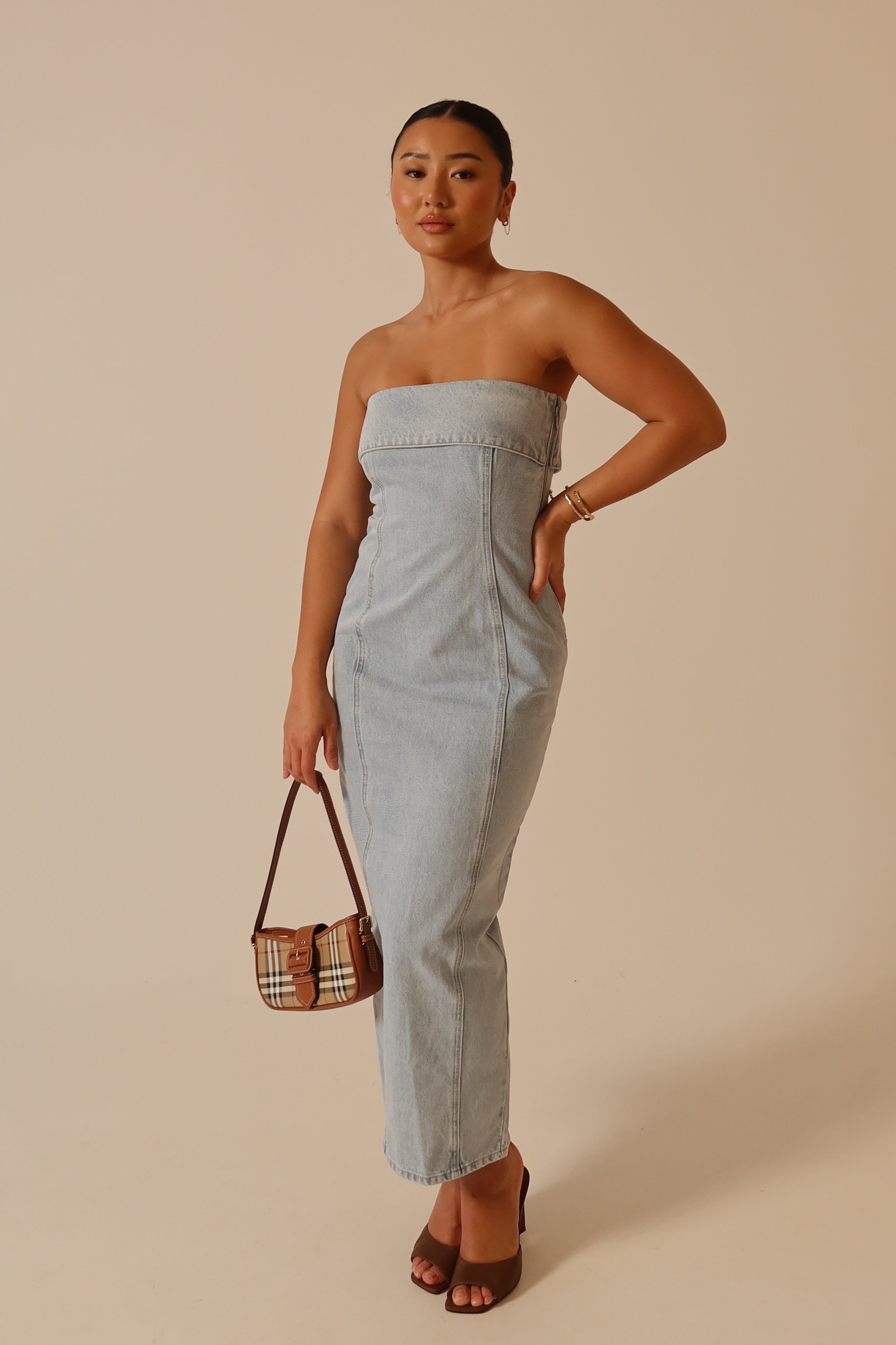 Katherine Strapless Denim Midi Dress - Light Blue-My Chic Way.All Rights Reserved