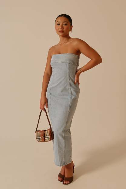 Katherine Strapless Denim Midi Dress - Light Blue-My Chic Way.All Rights Reserved