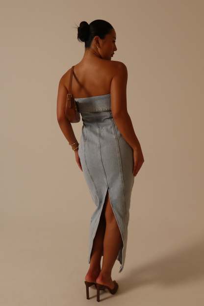 Katherine Strapless Denim Midi Dress - Light Blue-My Chic Way.All Rights Reserved