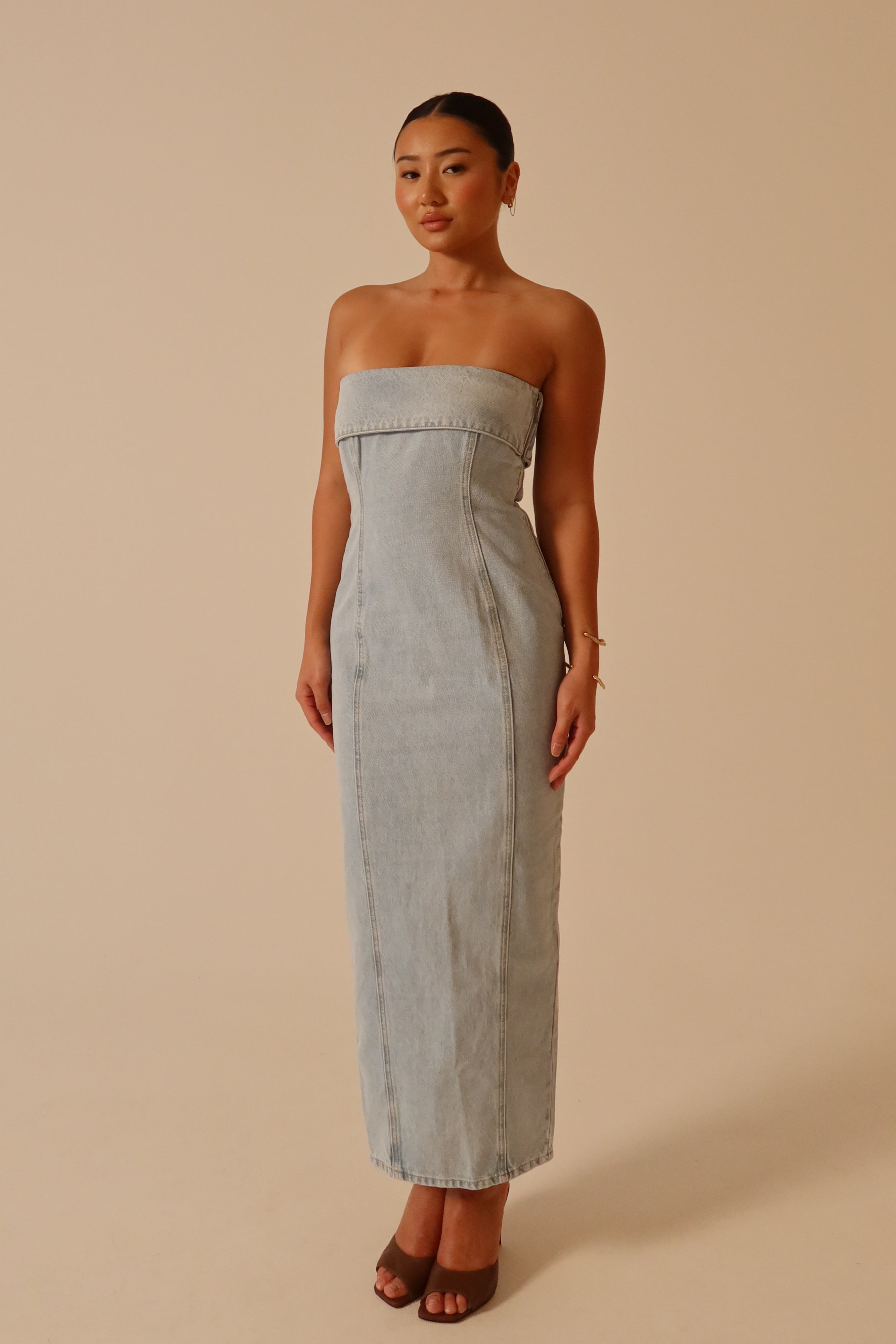 Katherine Strapless Denim Midi Dress - Light Blue-My Chic Way.All Rights Reserved