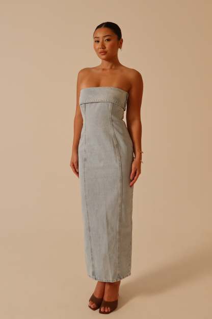 Katherine Strapless Denim Midi Dress - Light Blue-My Chic Way.All Rights Reserved