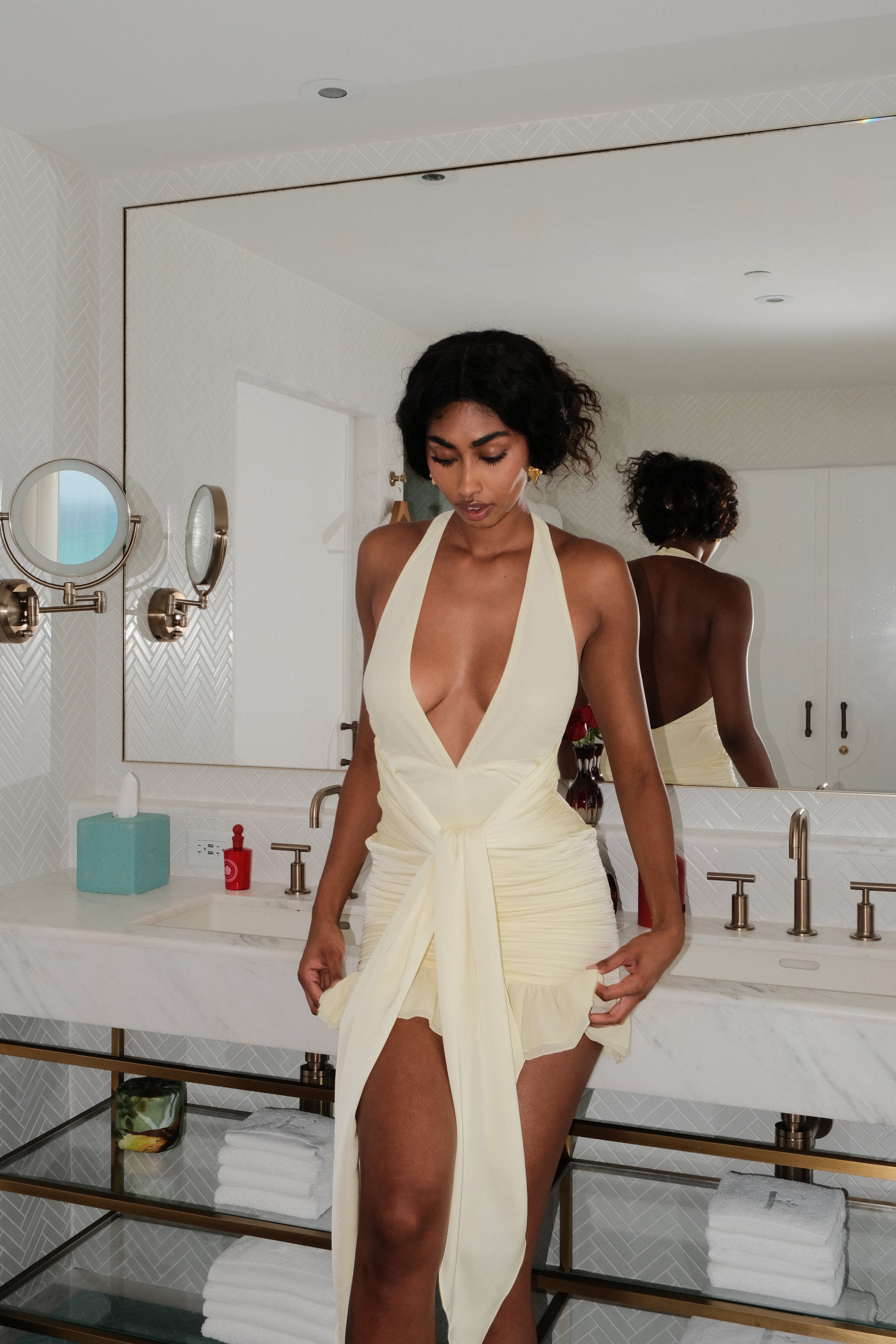 Ambrosi Satin Chiffon Mini Dress - Lemon Sherbet-My Chic Way.All Rights Reserved