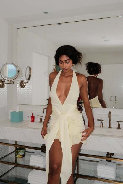 Ambrosi Satin Chiffon Mini Dress - Lemon Sherbet-My Chic Way.All Rights Reserved