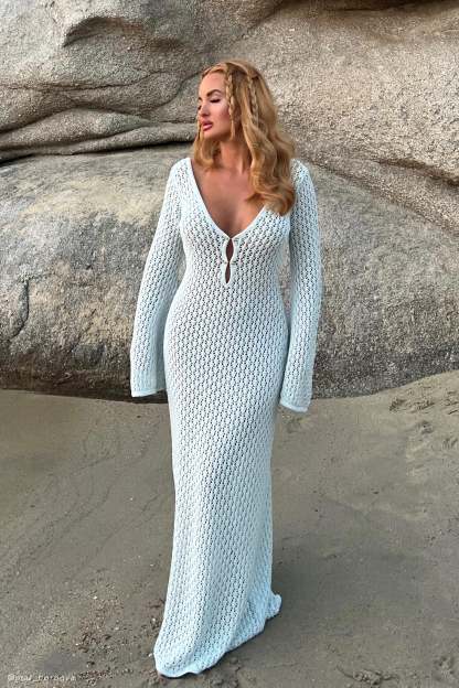 Kayleigh Crochet Fishtail Flare Sleeve Maxi Dress - Arctic Blue-My Chic Way.All Rights Reserved