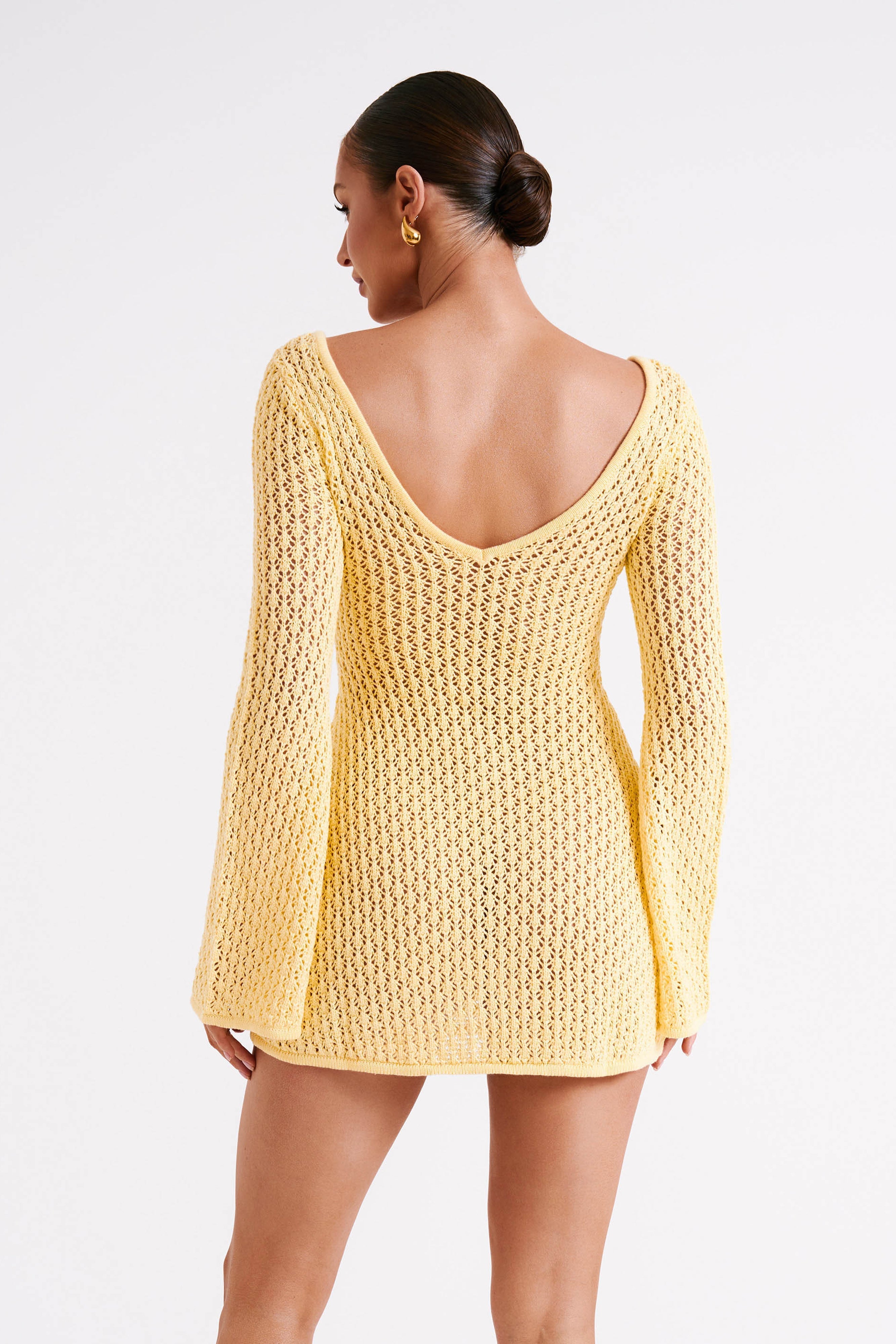 Kayleigh Crochet Knit Mini Dress - Lemon-My Chic Way.All Rights Reserved