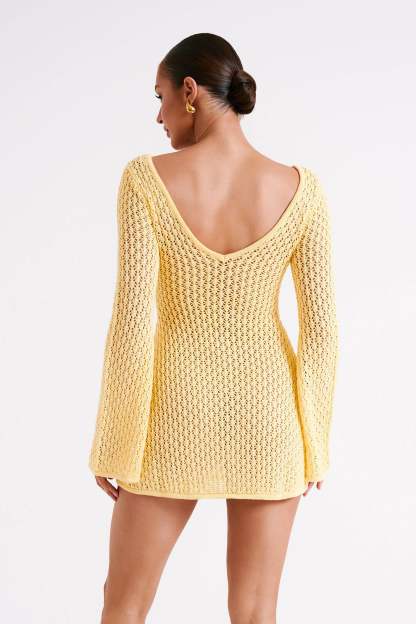 Kayleigh Crochet Knit Mini Dress - Lemon-My Chic Way.All Rights Reserved