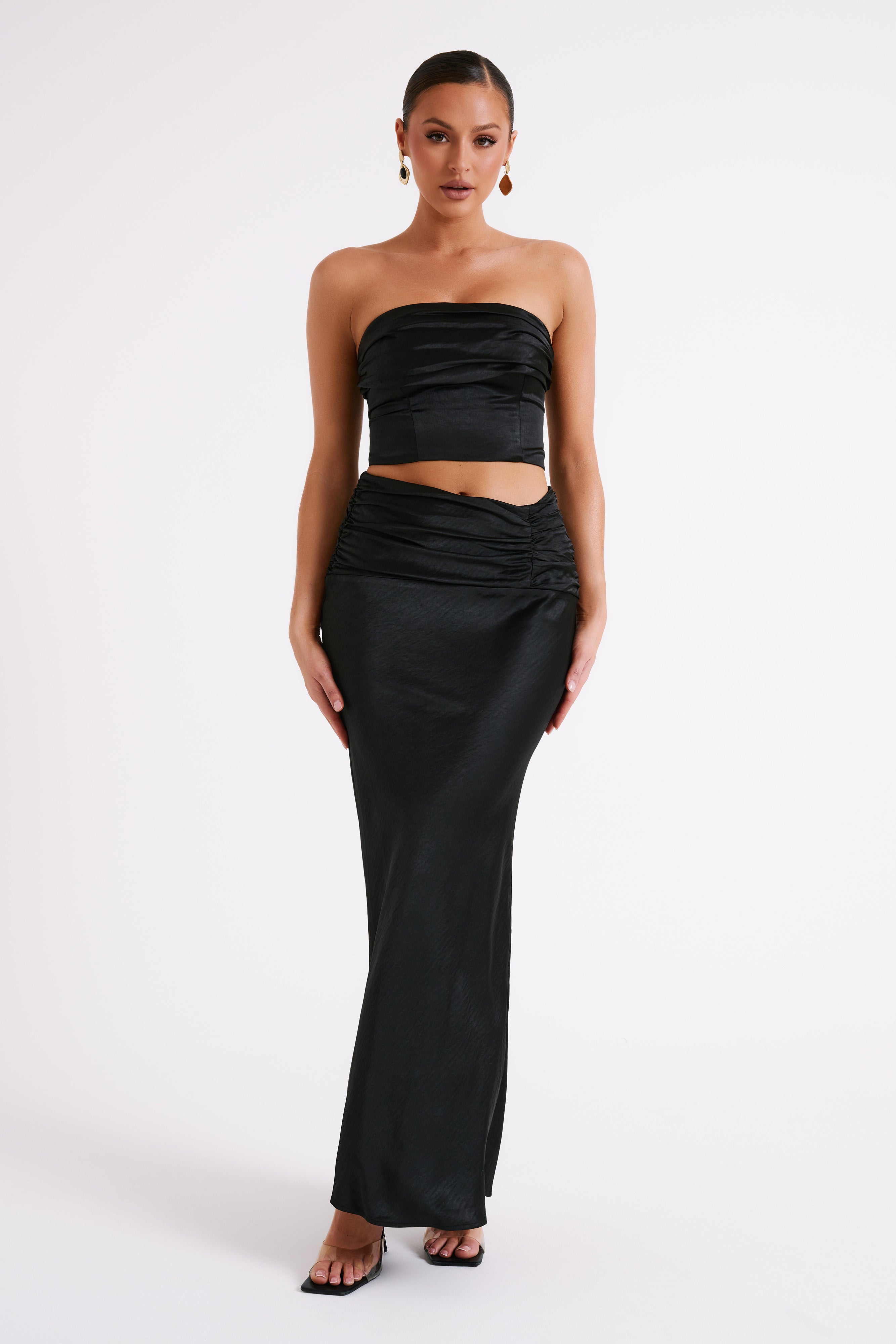 Khalani Ruched Strapless Satin Top - Black-My Chic Way.All Rights Reserved
