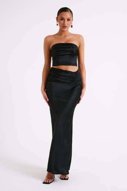 Khalani Ruched Strapless Satin Top - Black-My Chic Way.All Rights Reserved