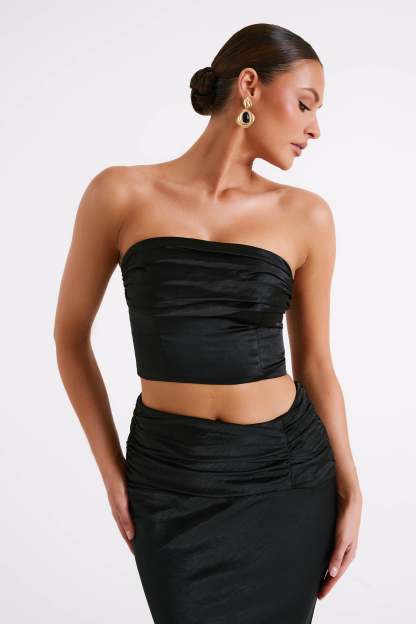 Khalani Ruched Strapless Satin Top - Black-My Chic Way.All Rights Reserved