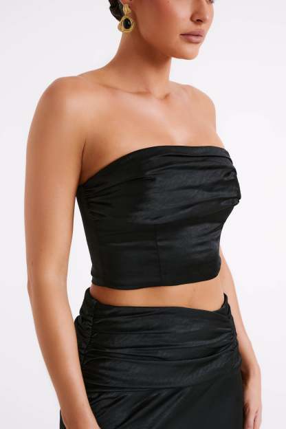 Khalani Ruched Strapless Satin Top - Black-My Chic Way.All Rights Reserved
