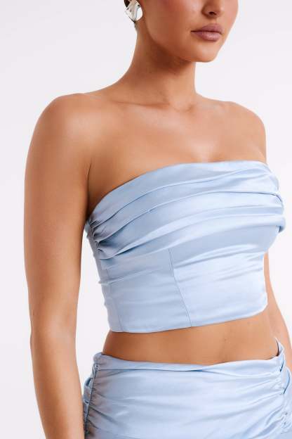 Khalani Ruched Strapless Satin Top - Ice Blue-My Chic Way.All Rights Reserved