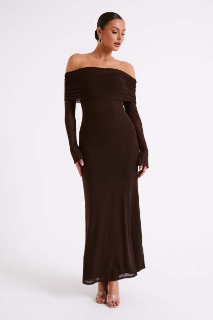 Josie Off Shoulder Mesh Maxi Dress - Dark Brown-My Chic Way.All Rights Reserved
