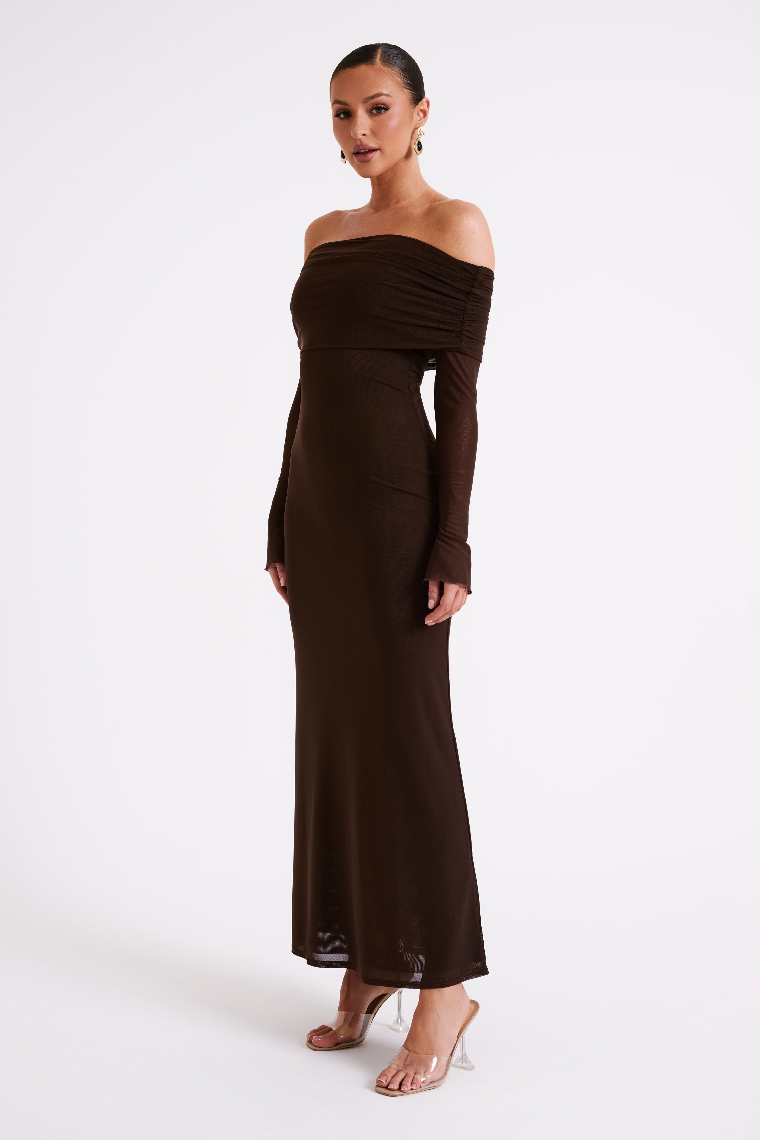 Josie Off Shoulder Mesh Maxi Dress - Dark Brown-My Chic Way.All Rights Reserved