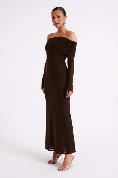 Josie Off Shoulder Mesh Maxi Dress - Dark Brown-My Chic Way.All Rights Reserved