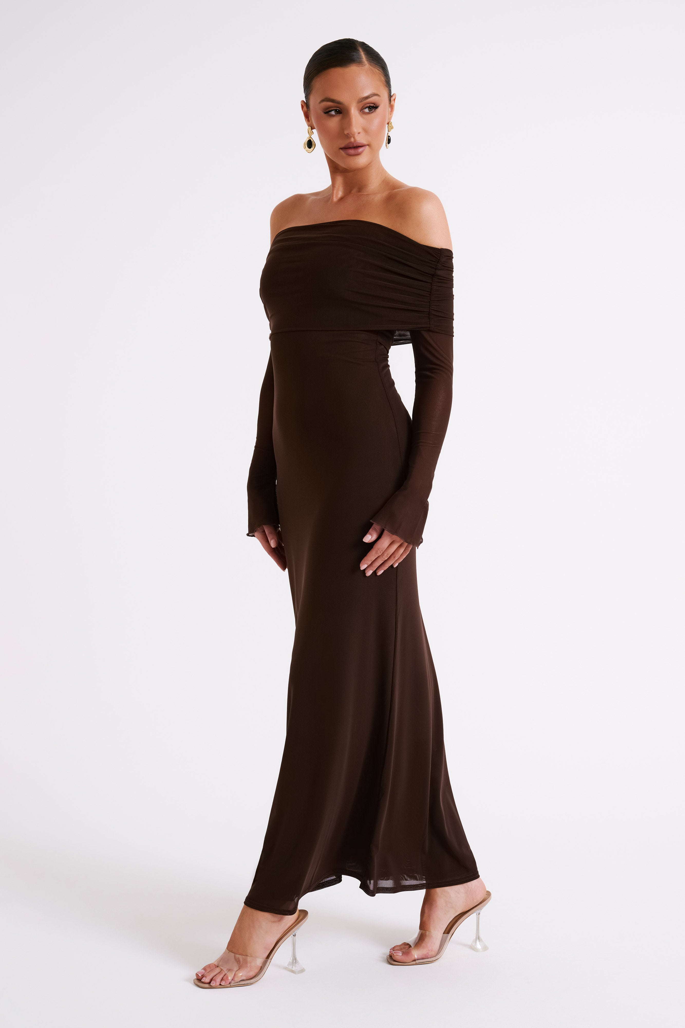 Josie Off Shoulder Mesh Maxi Dress - Dark Brown-My Chic Way.All Rights Reserved