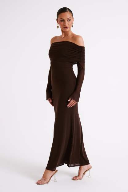 Josie Off Shoulder Mesh Maxi Dress - Dark Brown-My Chic Way.All Rights Reserved