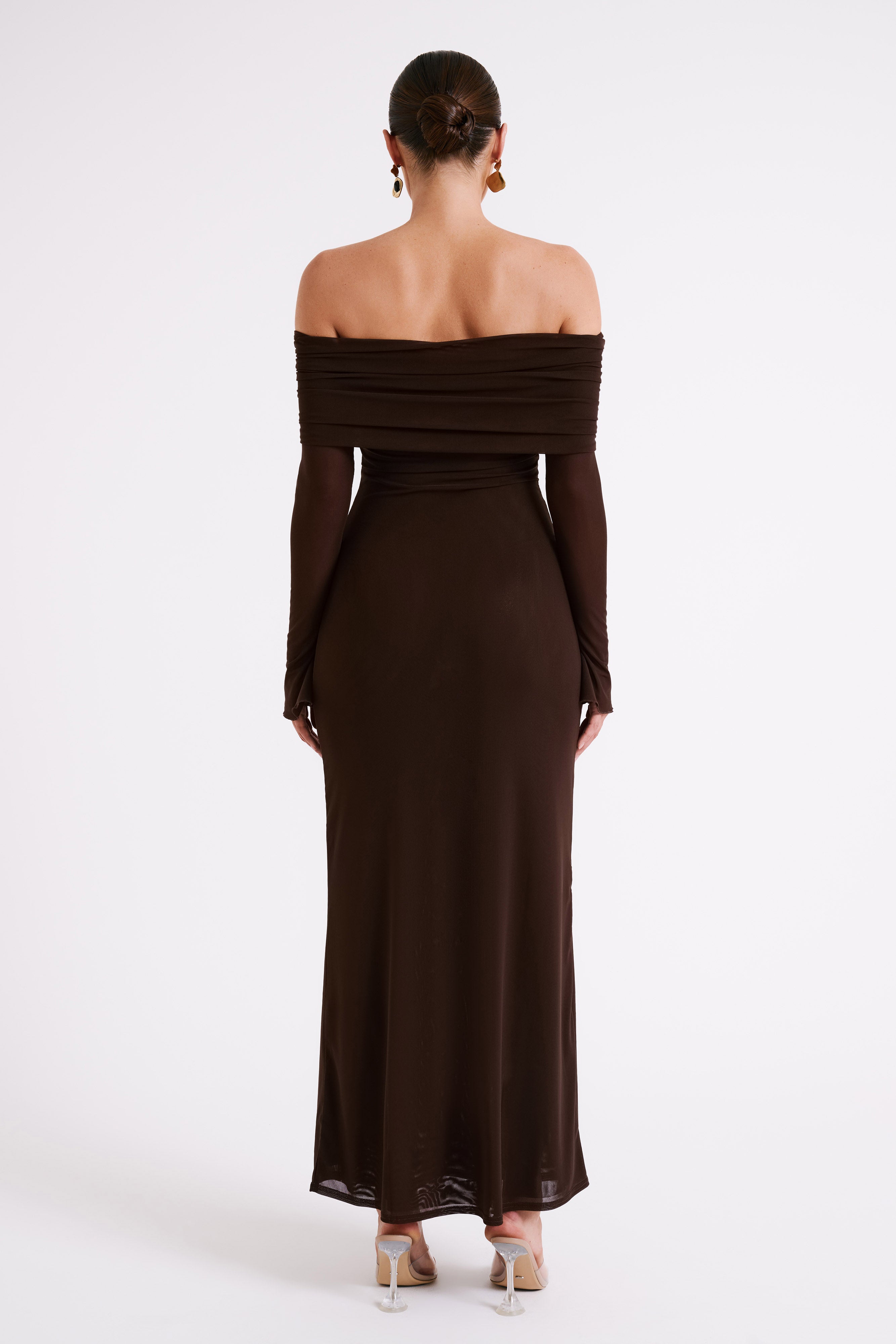 Josie Off Shoulder Mesh Maxi Dress - Dark Brown-My Chic Way.All Rights Reserved