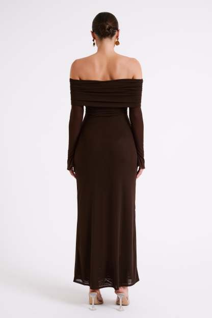 Josie Off Shoulder Mesh Maxi Dress - Dark Brown-My Chic Way.All Rights Reserved
