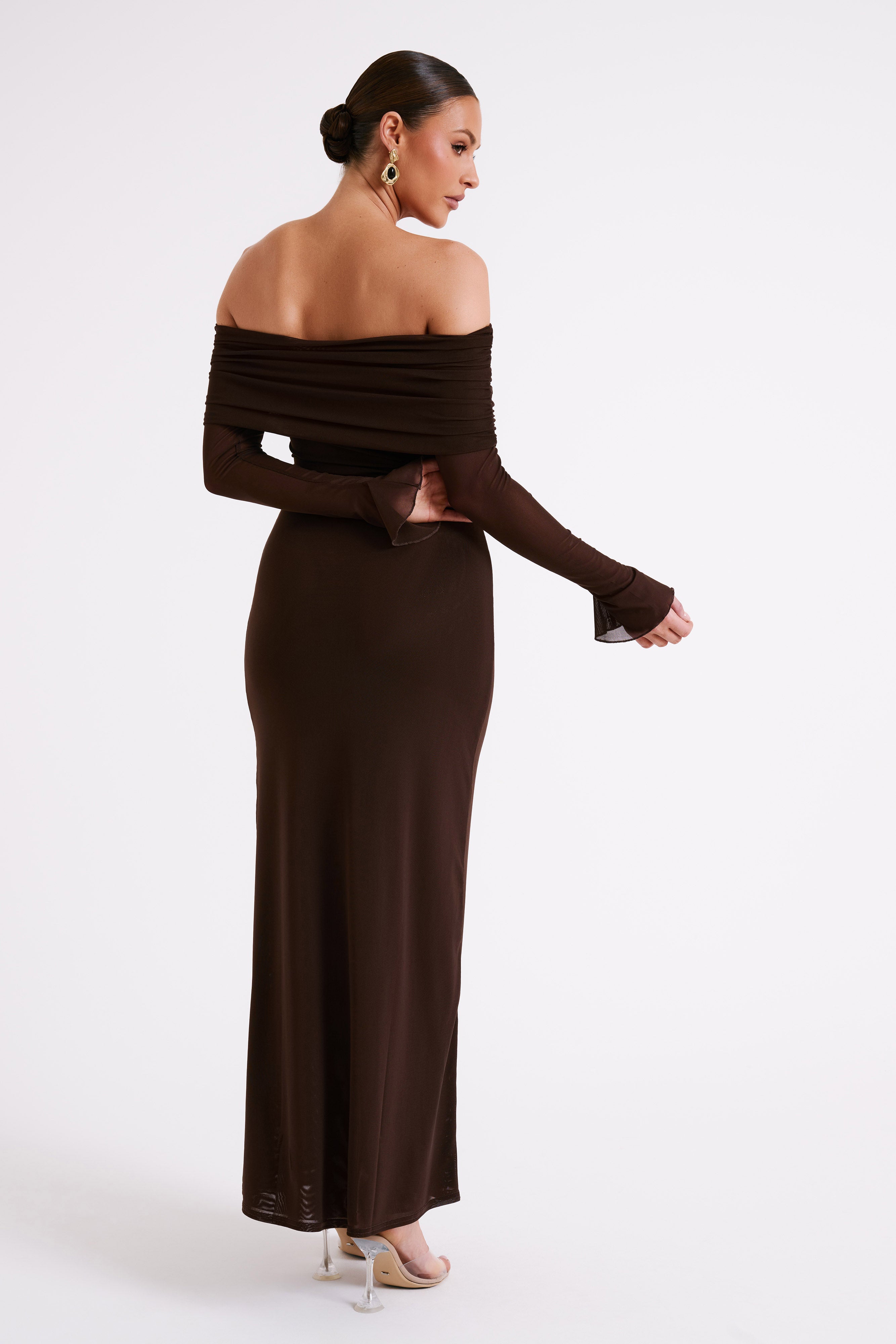 Josie Off Shoulder Mesh Maxi Dress - Dark Brown-My Chic Way.All Rights Reserved