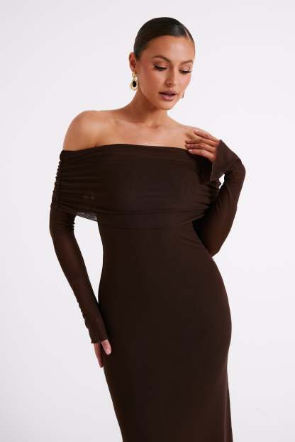 Josie Off Shoulder Mesh Maxi Dress - Dark Brown-My Chic Way.All Rights Reserved
