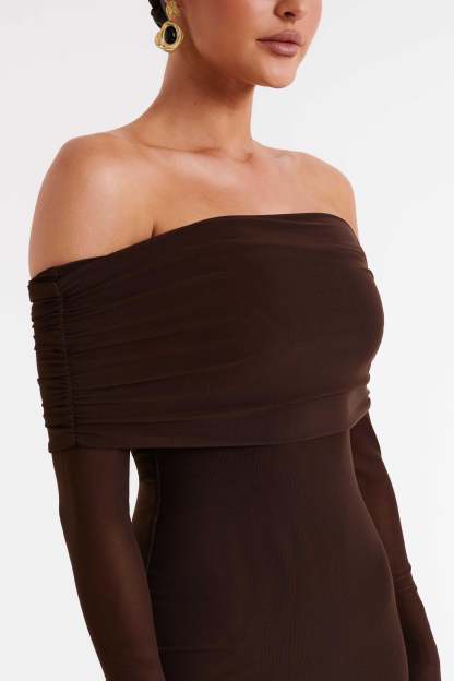 Josie Off Shoulder Mesh Maxi Dress - Dark Brown-My Chic Way.All Rights Reserved