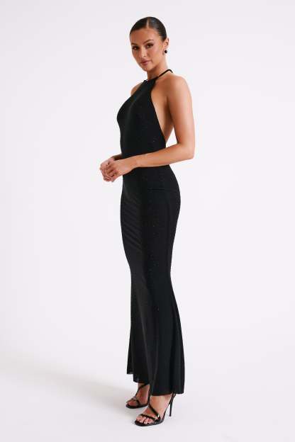Kali Hot Fix Mesh Halter Maxi Dress - Black-My Chic Way.All Rights Reserved