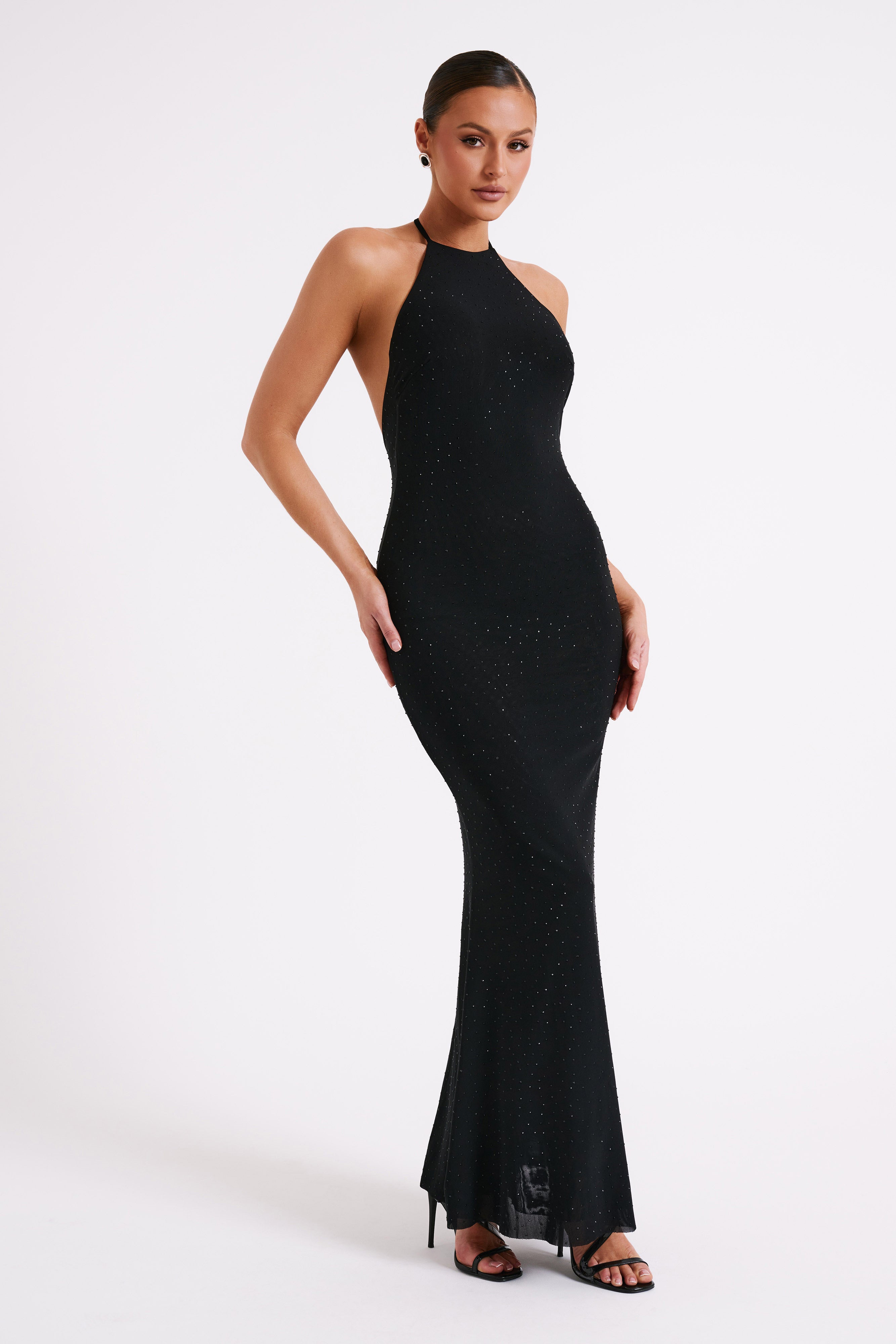 Kali Hot Fix Mesh Halter Maxi Dress - Black-My Chic Way.All Rights Reserved