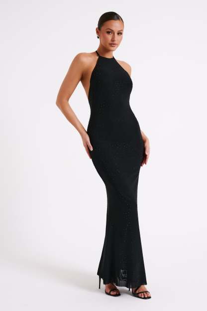 Kali Hot Fix Mesh Halter Maxi Dress - Black-My Chic Way.All Rights Reserved