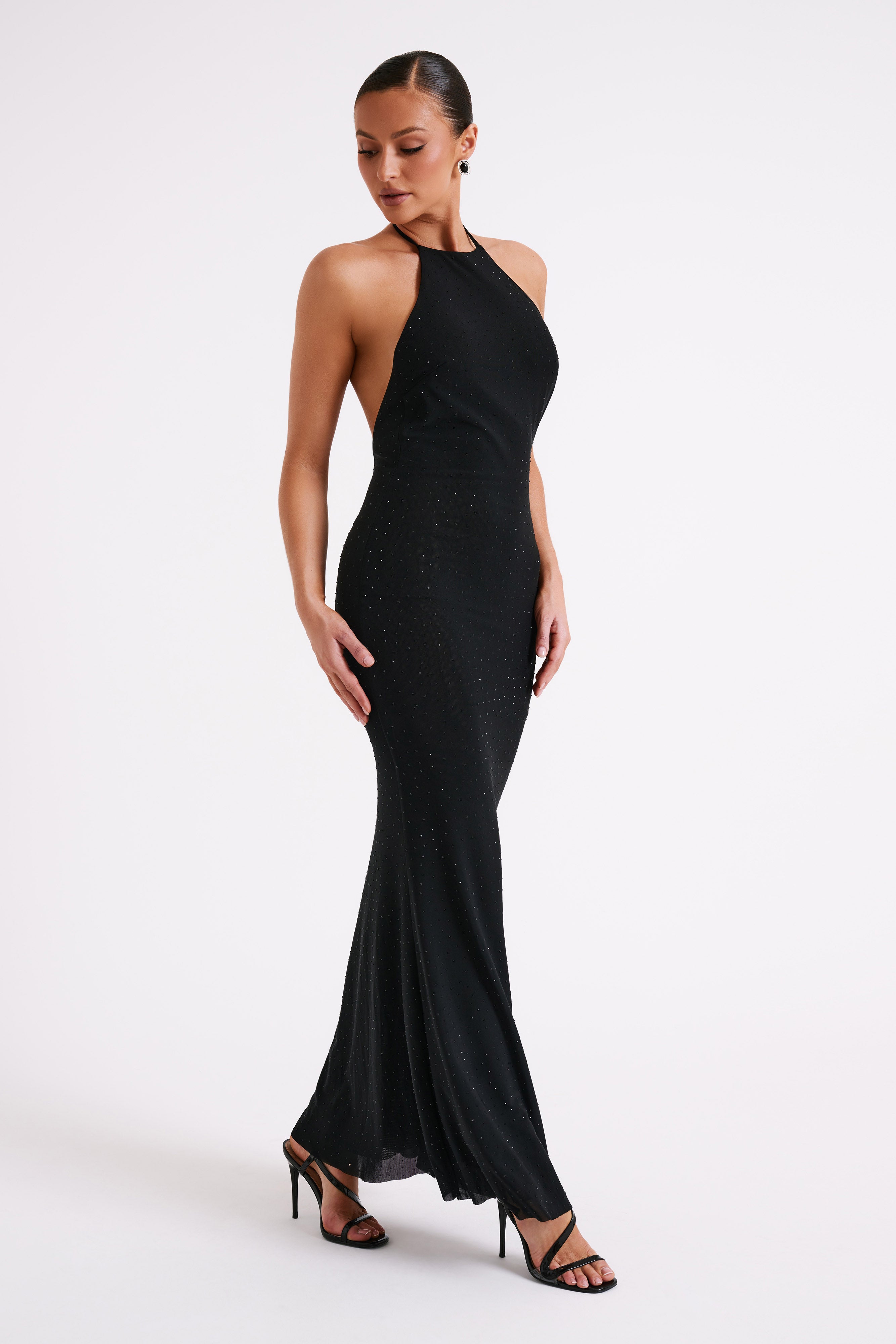 Kali Hot Fix Mesh Halter Maxi Dress - Black-My Chic Way.All Rights Reserved