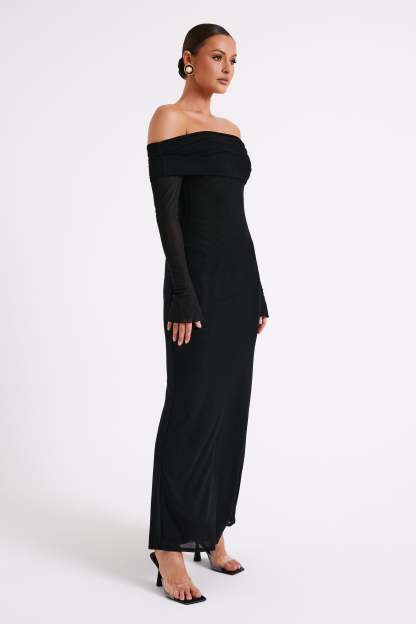 Josie Off Shoulder Mesh Maxi Dress - Black-My Chic Way.All Rights Reserved