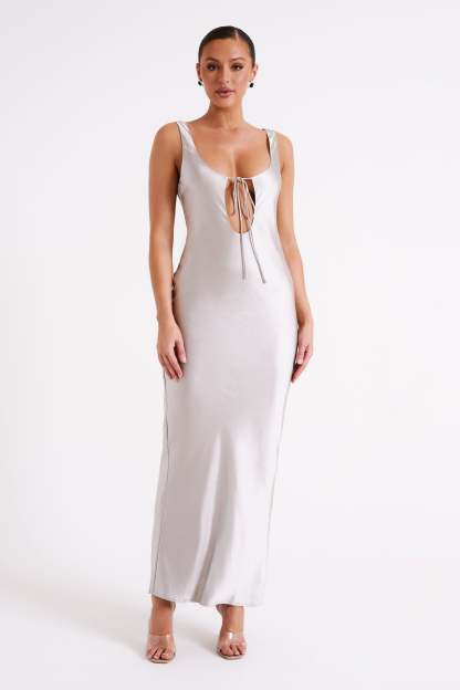 Aubrie Keyhole Satin Maxi Dress - Silver-My Chic Way.All Rights Reserved