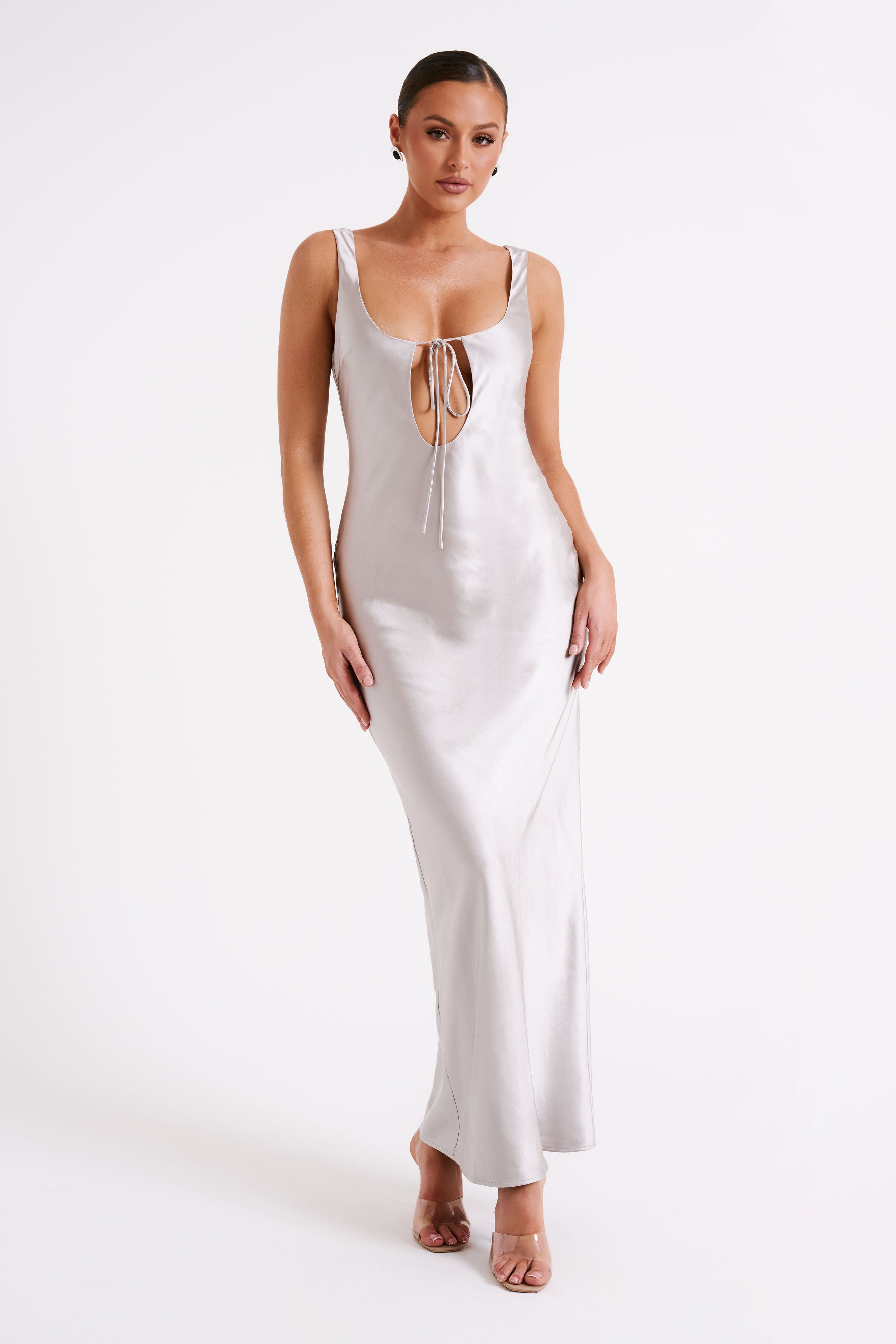 Aubrie Keyhole Satin Maxi Dress - Silver-My Chic Way.All Rights Reserved
