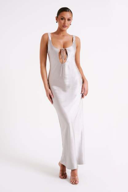 Aubrie Keyhole Satin Maxi Dress - Silver-My Chic Way.All Rights Reserved