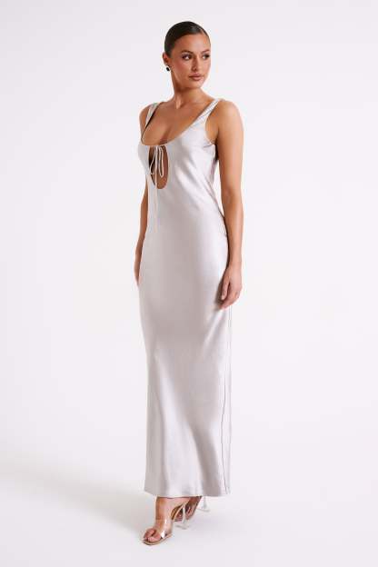 Aubrie Keyhole Satin Maxi Dress - Silver-My Chic Way.All Rights Reserved