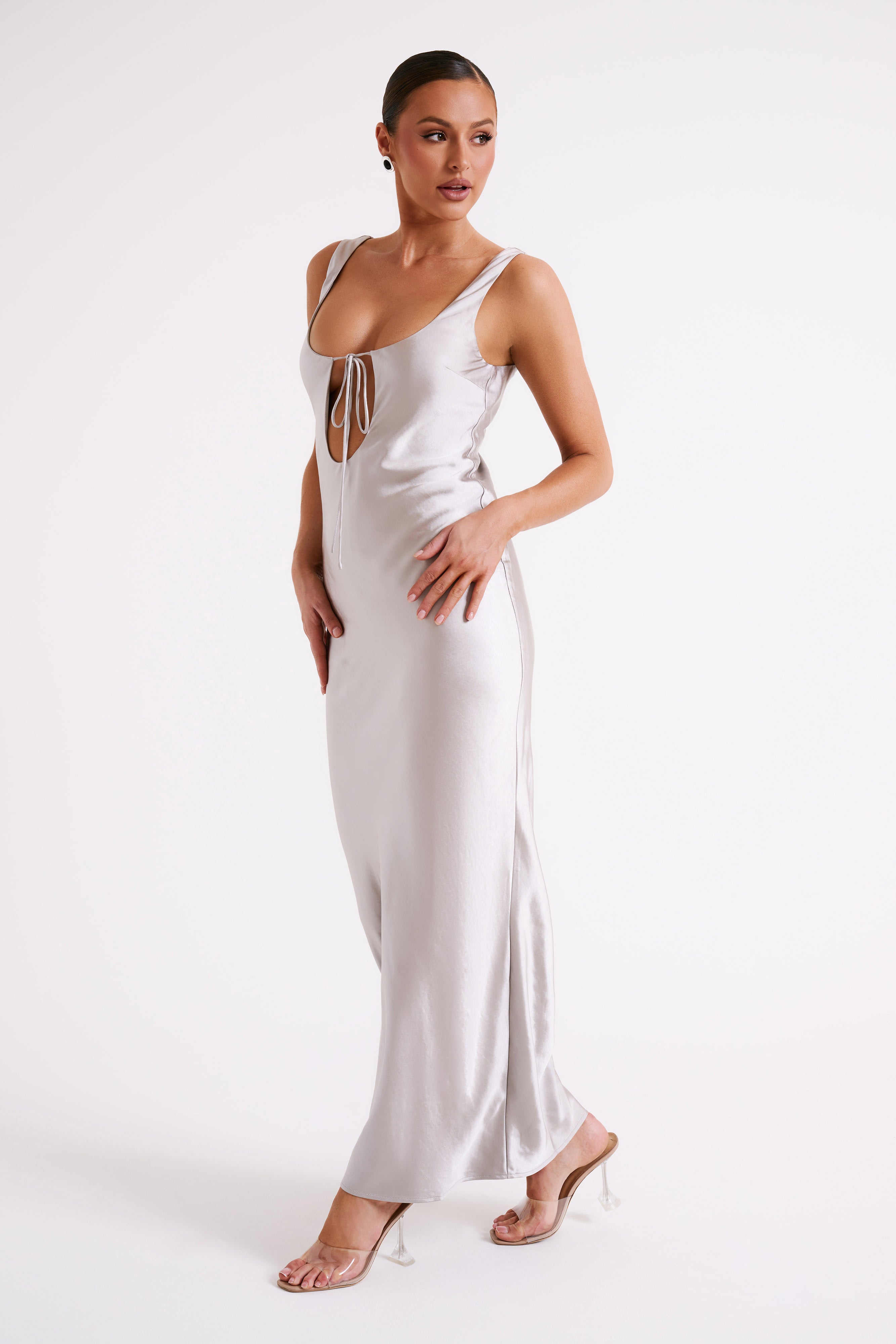 Aubrie Keyhole Satin Maxi Dress - Silver-My Chic Way.All Rights Reserved